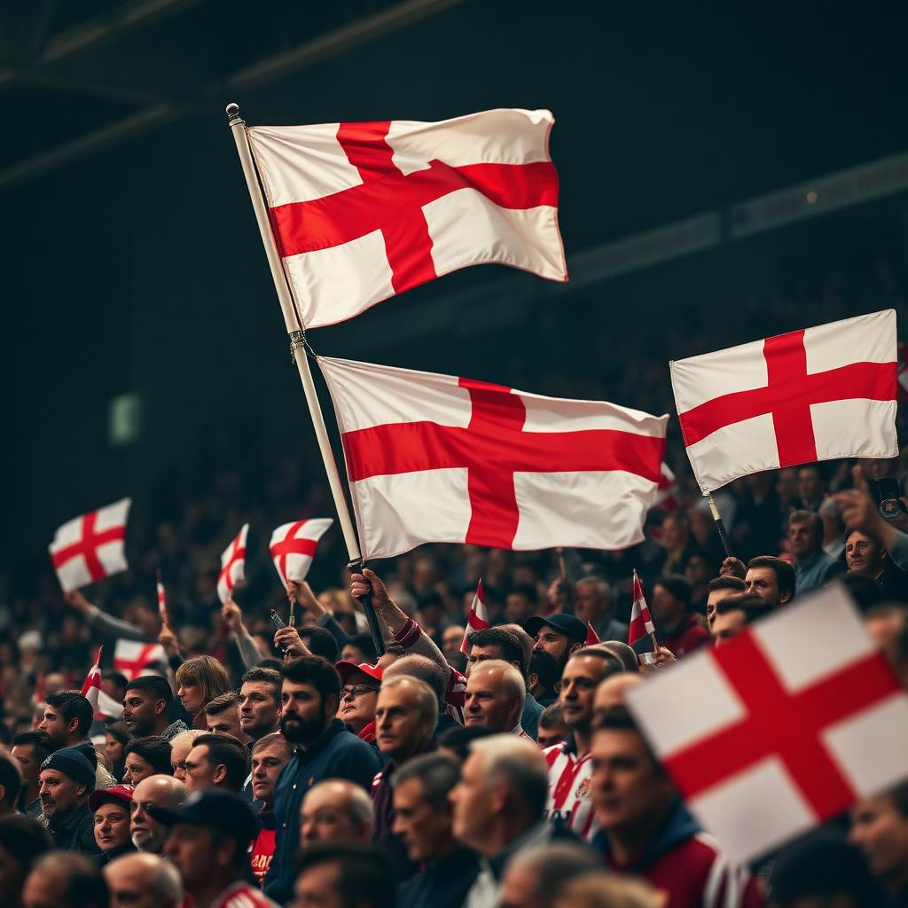 English football fans waving St George's cross flags