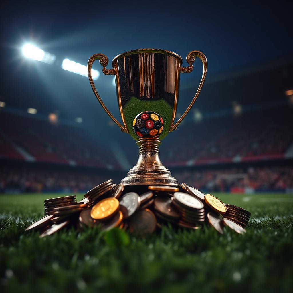 Trophy and coins on a football pitch representing the prize pot