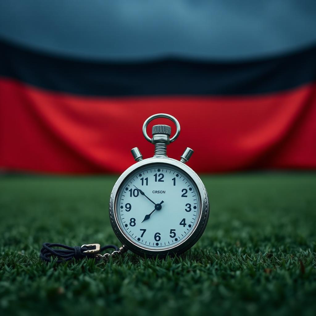 A stopwatch on a football pitch with the German flag behind it