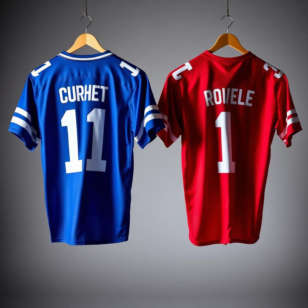 Two football jerseys hanging side by side