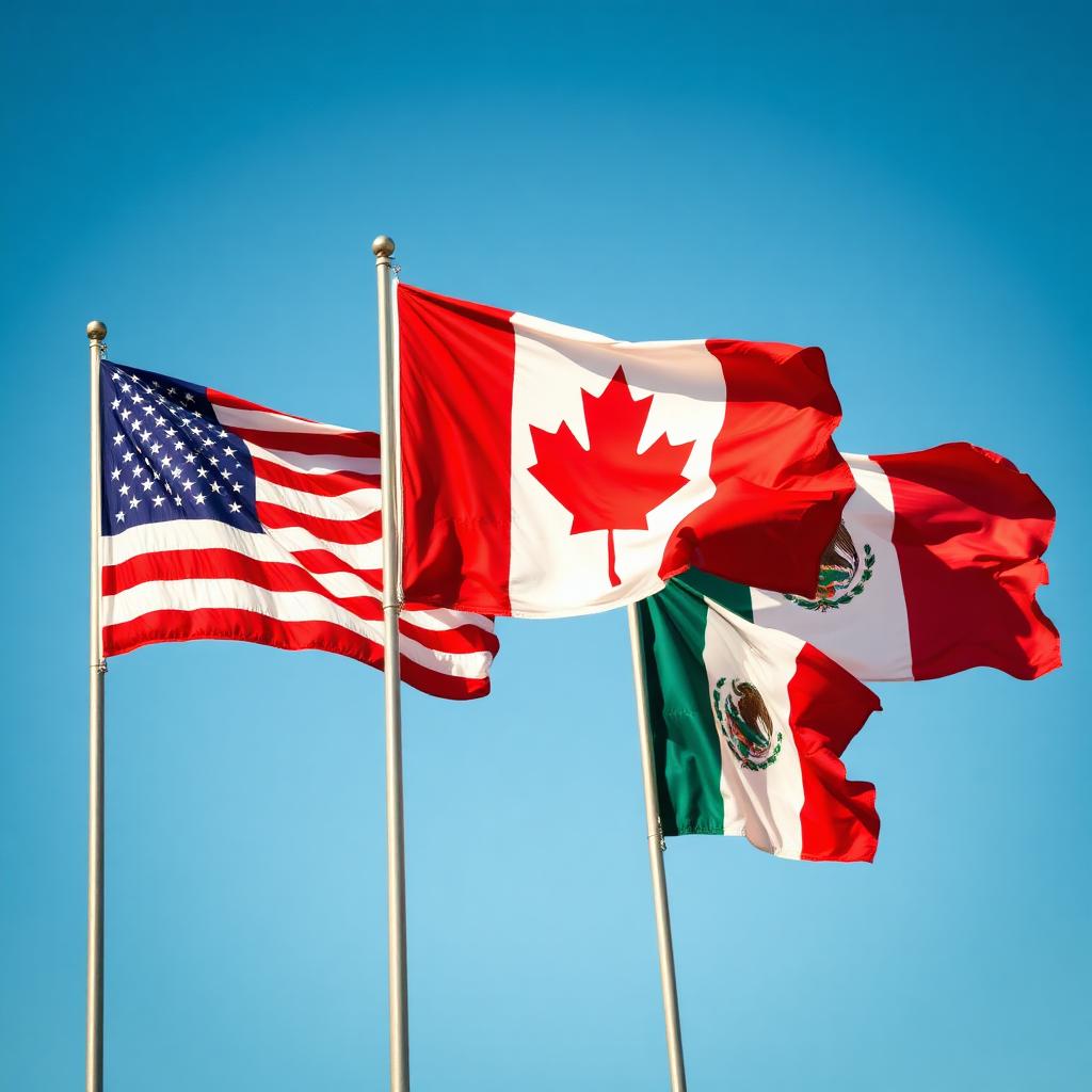 USA, Canada and Mexico flags waving together
