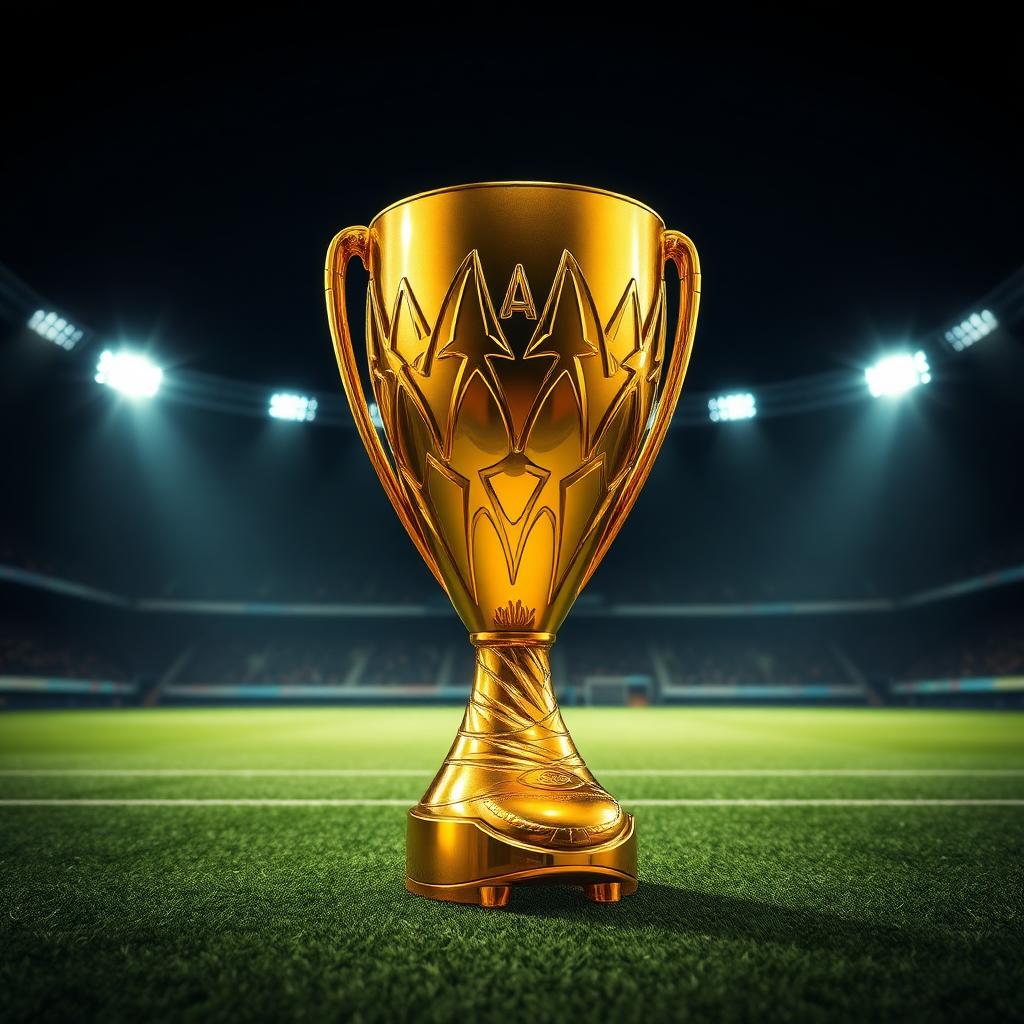 Golden boot trophy on a stadium pitch